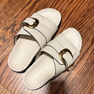 Marc Fisher Cream Leather Slide Sandals with Gold Buckle